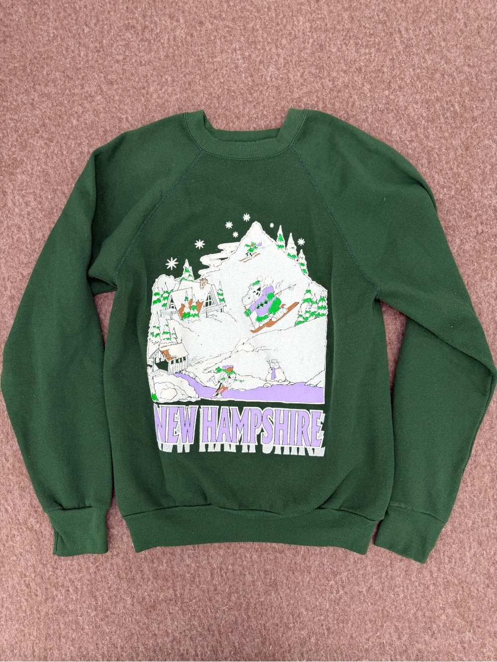 Vintage 80s TNT New Hampshire Skiing Graphic Print Adult Medium Green Crewneck